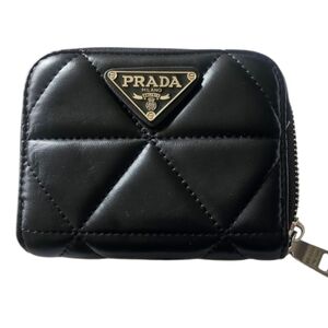New Prada Black Quilted Shiny Leather Wallet ID Coin Purse Zipper